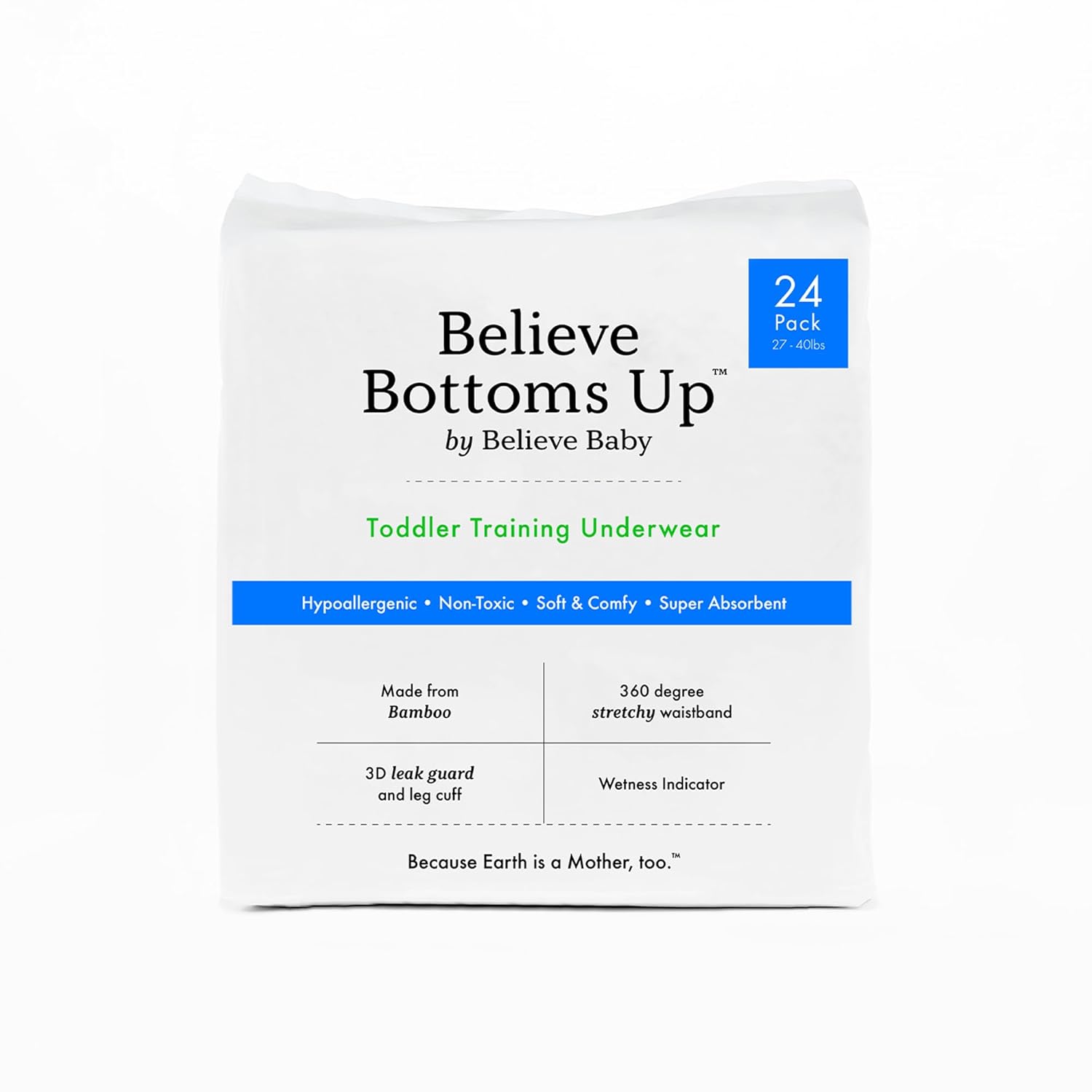 Believe Baby Bottoms Up Toddler Potty Training Underwear for Girls/Boys 24 Count -100% Viscose Bamboo Diapers, Chemical Free Natural Diapers for Sensitive Skin, Super Absorbent Unscented White Diapers