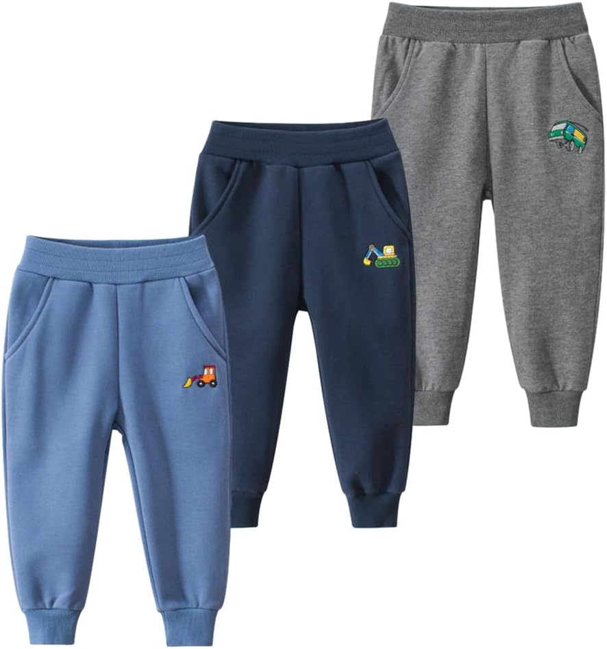 GFQLONG Toddler Boys 3 Pack Cotton Active Jogger Pants,Kids Cartoon Sweatpants Casual Lounging Bottoms