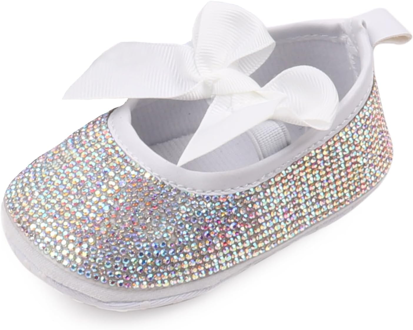 Baby Girls Mary Jane Flats Sparkly Bow Diamonds Princess Dress Shoes Anti-Slip Infant Crib Shoes