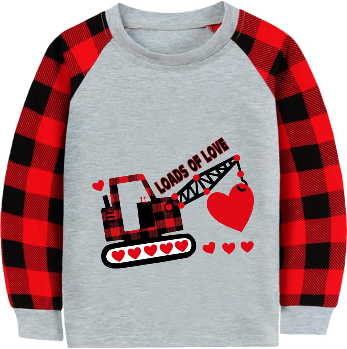 CM-Kid Toddler Boys Valentine Day Shirt Monster Truck Dino Train Heart Tshirt Red Plaid Long Sleeve Tops for Kids 2-7 Years