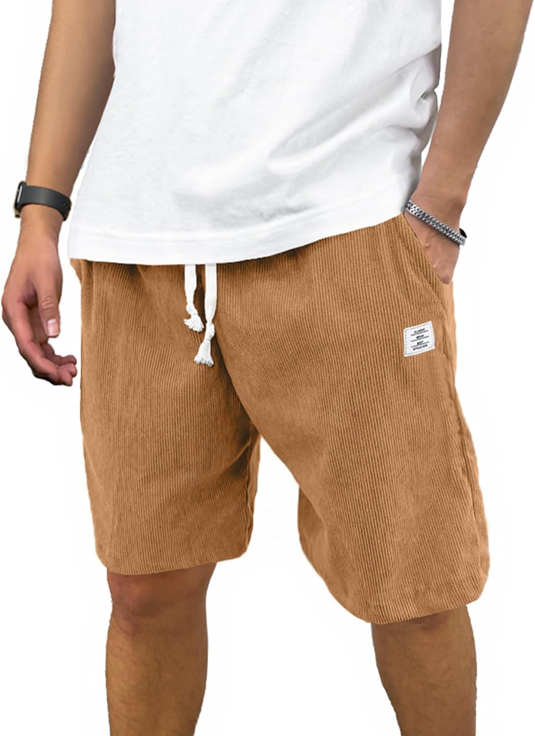 Men's Shorts Casual Corduroy Drawstring Elastic Waist Lightweight Summer Beach Shorts Loose Fit