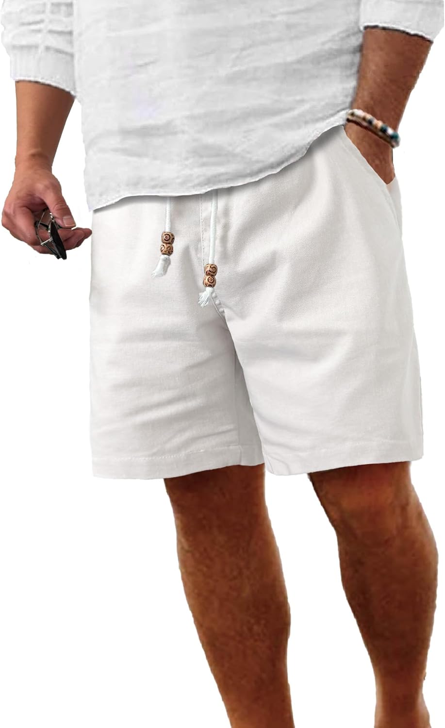 Comdecevis Men's Linen Shorts Casual Elastic Waist Drawstring Summer Beach Vacation Yoga Golf Shorts with Pockets