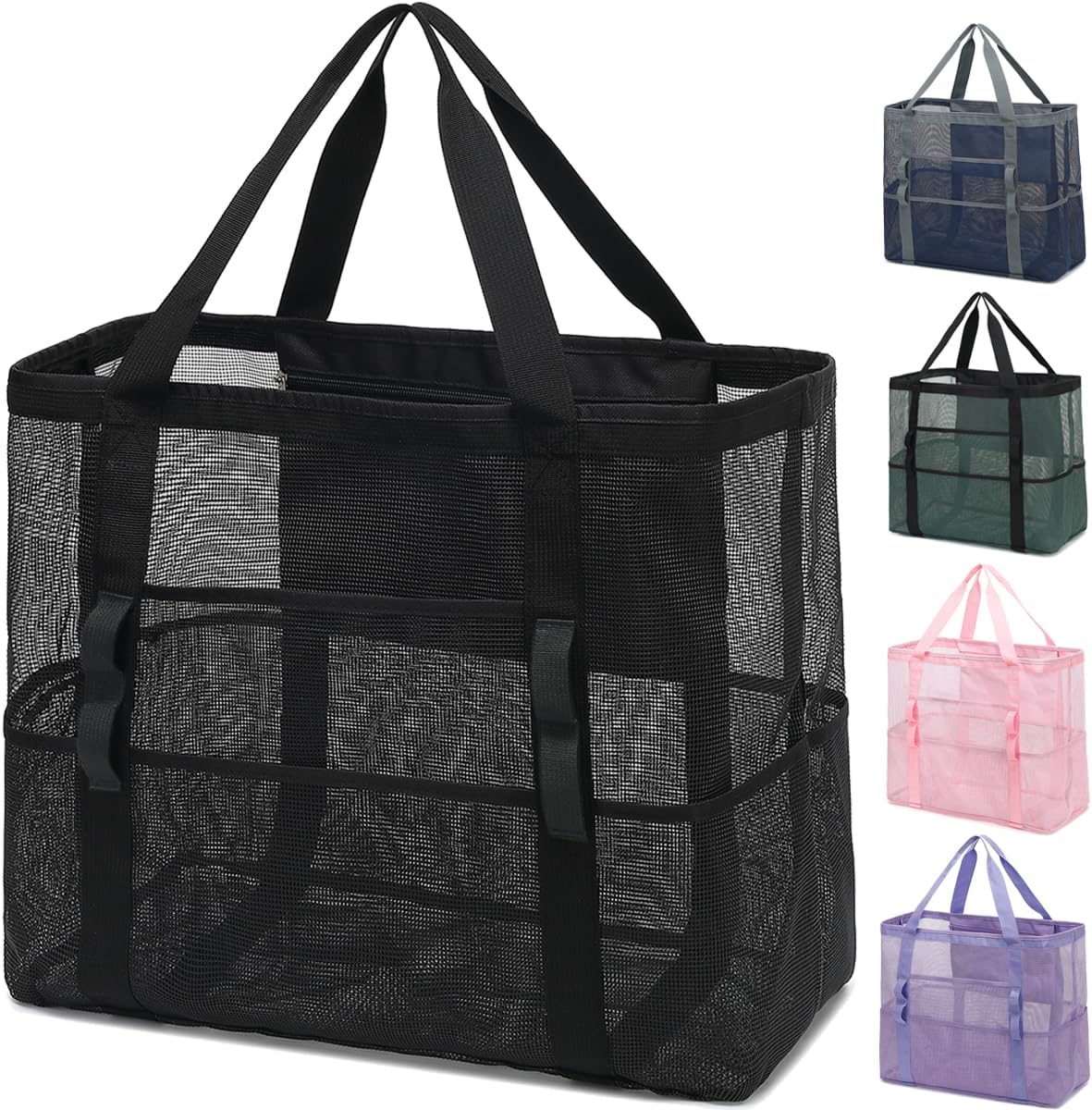 Mesh Beach Bag, Large Beach Tote with Zipper Pocket for Family Pool Bag for Toys & Vacation Essentials