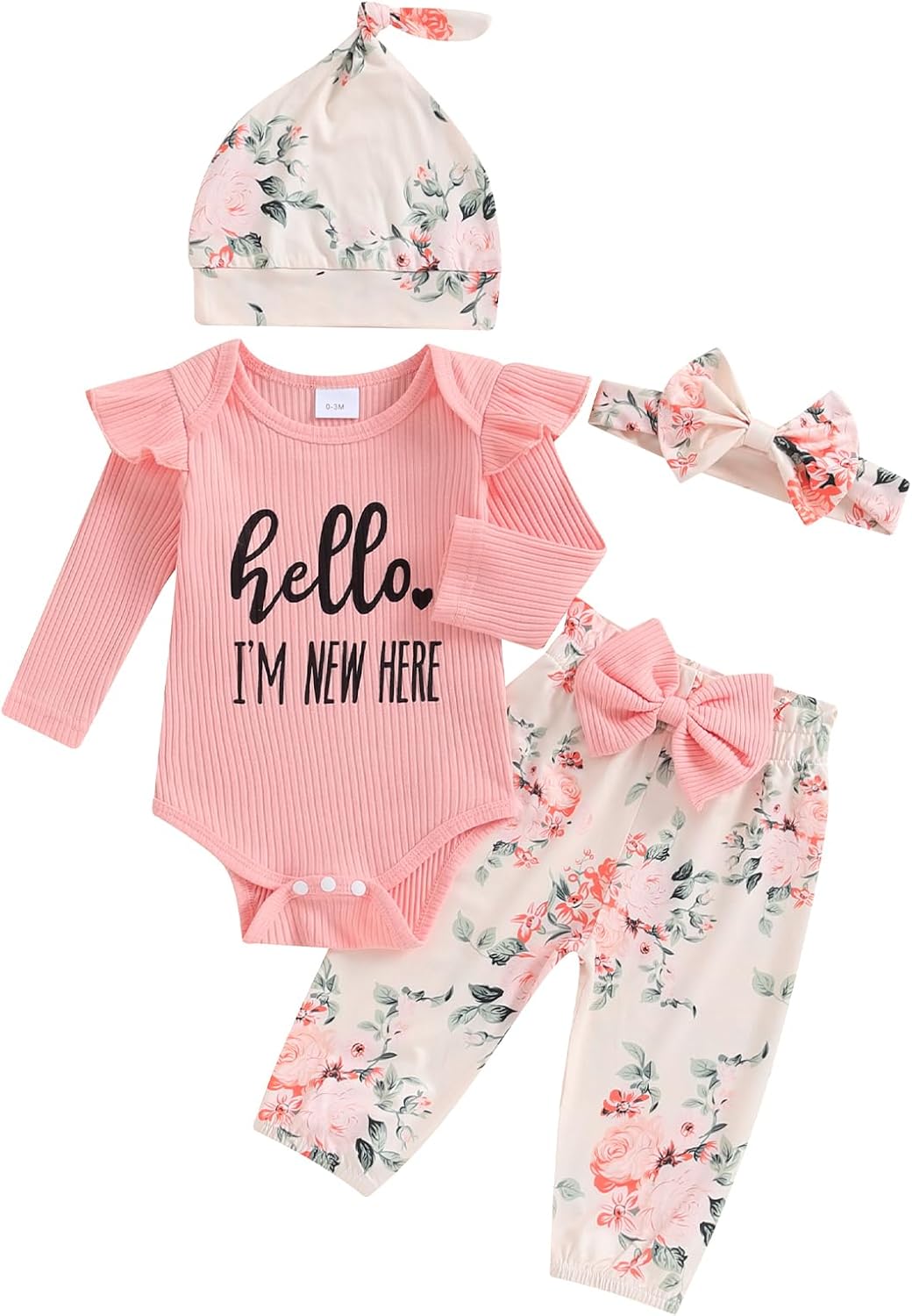 Hello World Newborn Outfit Baby Girl Going Home Outfit Ruffle Ribbed Romper Top Floral Pants Set Cute Summer Clothes