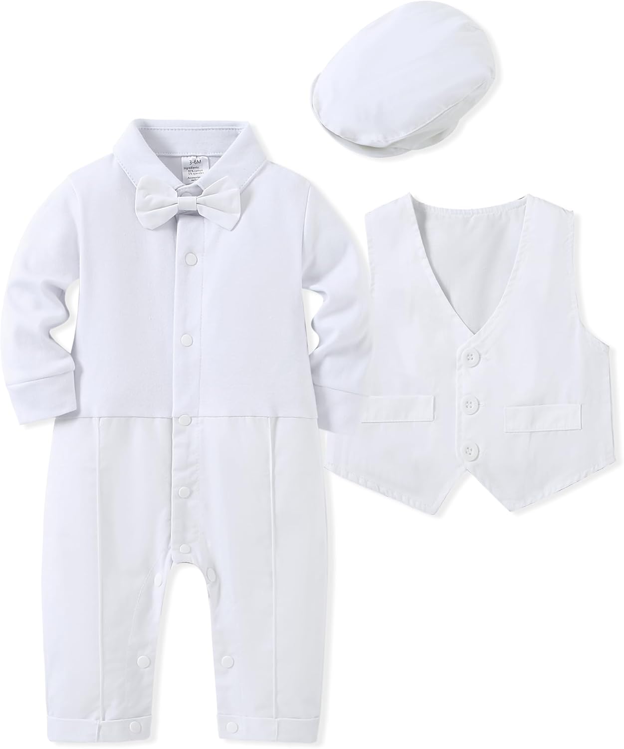 WESIDOM Baby Boy Suit Outfits Set 3pcs,Infant Tuxedo Long Sleeve Gentleman Wedding Jumpsuit & Vest Coat & Beret Hat