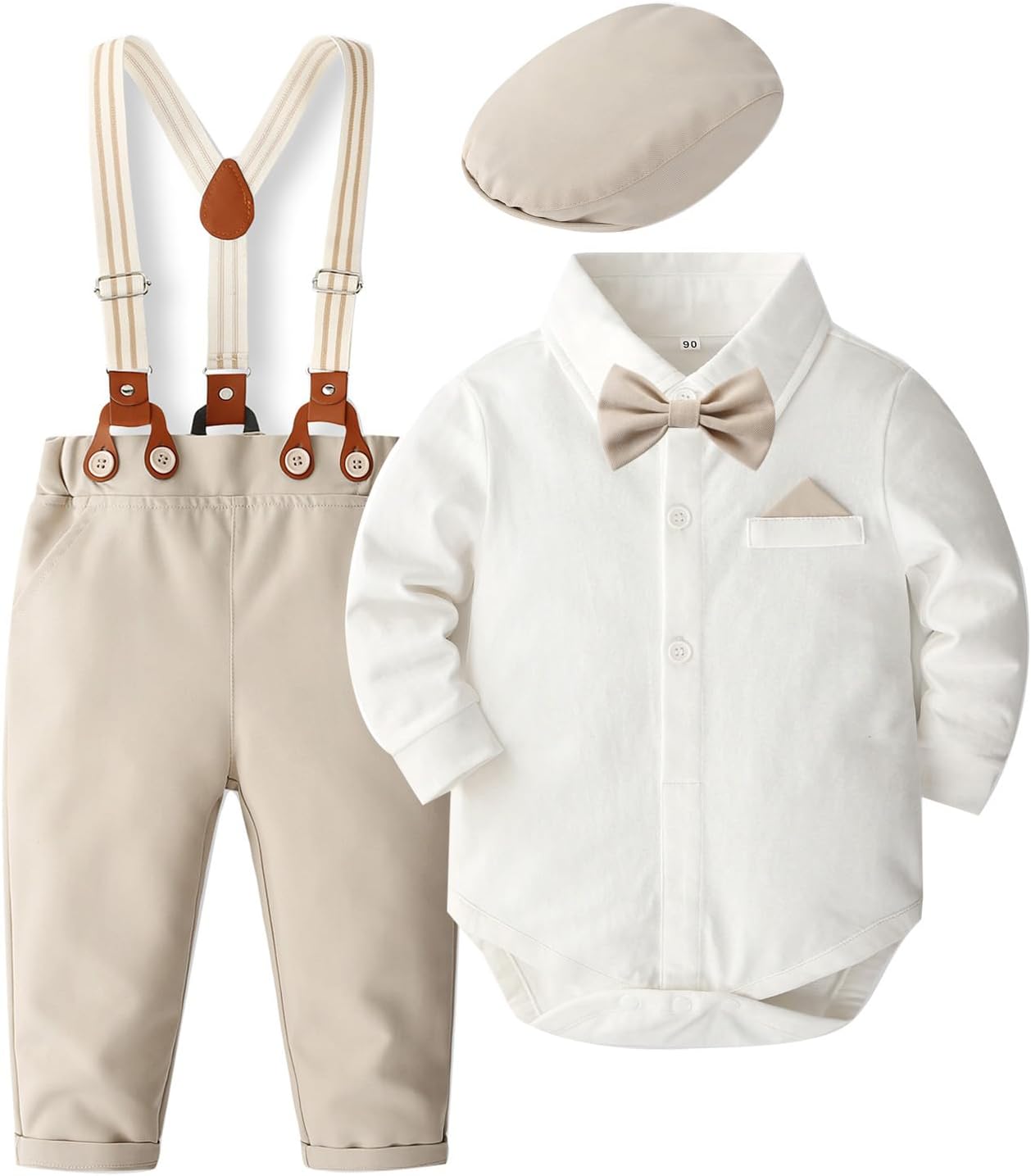 SALNIER Baby Boy Dress Suit Clothes Sets Infant Tuxedo Gentleman Suits Outfits Bowtie Shirt Suspenders Pants Beret Hat