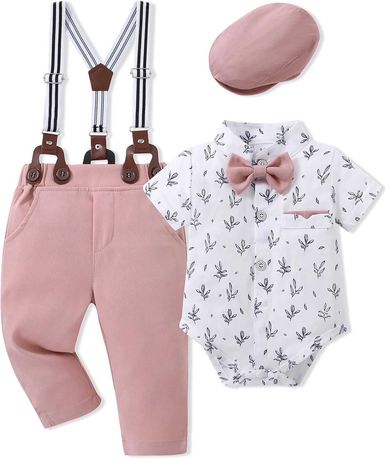 Baby Boy Clothes Suits 3-18M Infant Gentleman Outfits, Short Sleeve Shirt+Bowtie+Beret+Suspender Pants Clothing Set