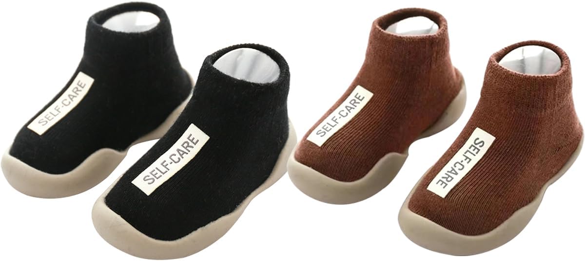 2 Pairs Baby Sock Shoes Toddler Infant Non Slip Soft Rubber Sole Slippers First Walking Shoes for Baby Boys Girls