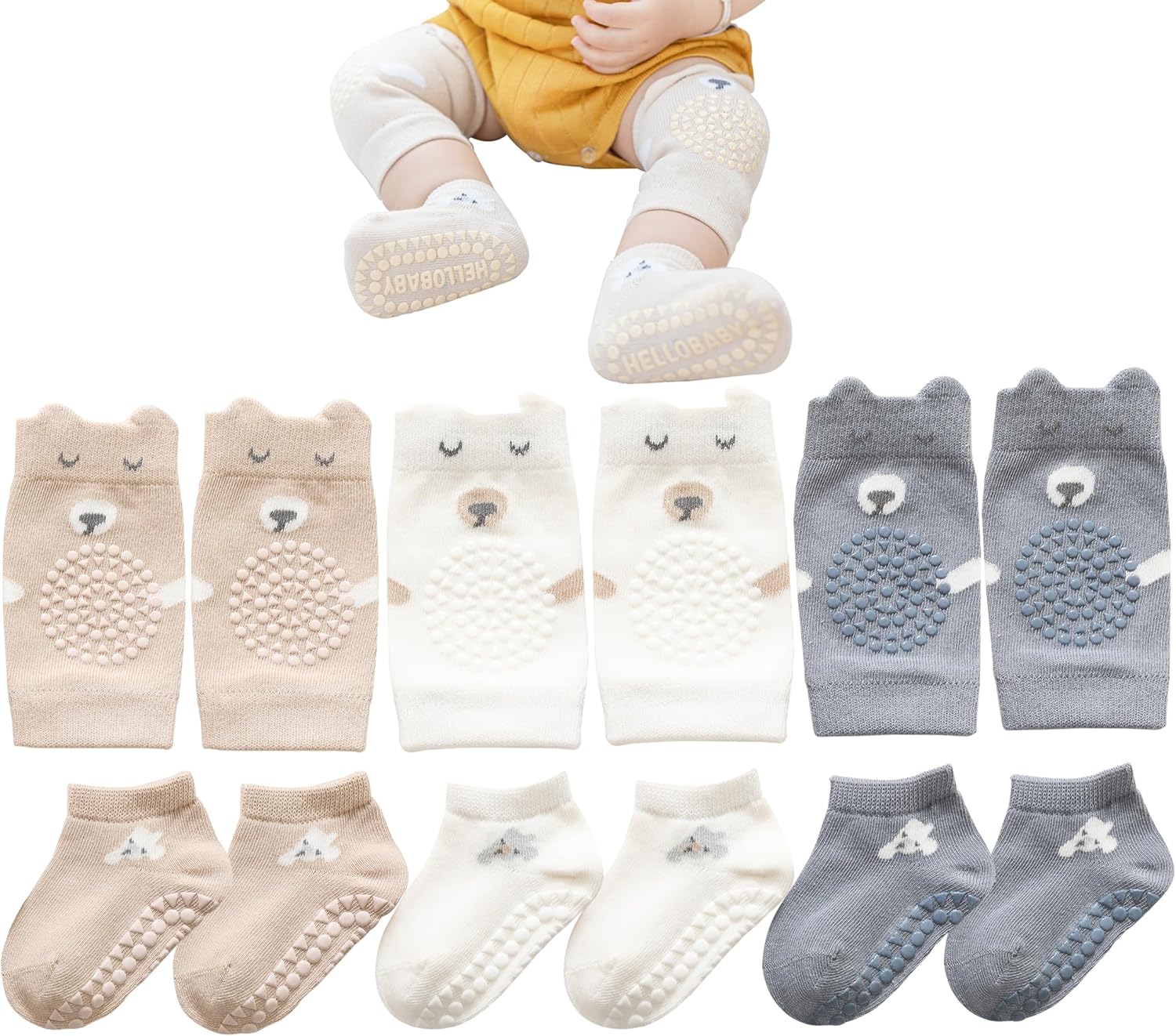 QXQTER Toddler Baby Knee Pads and Socks for Crawling for Infant Boys Girls with Grips Anti-Slip Knee Protector - 6 Pairs