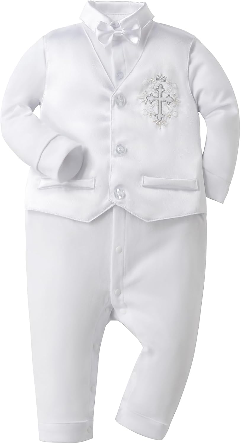 Booulfi Baptism Outfits for Boys White Romper Newborn Photography Outfits Christening Gifts Baby Boy Bowtie Romper Clothes