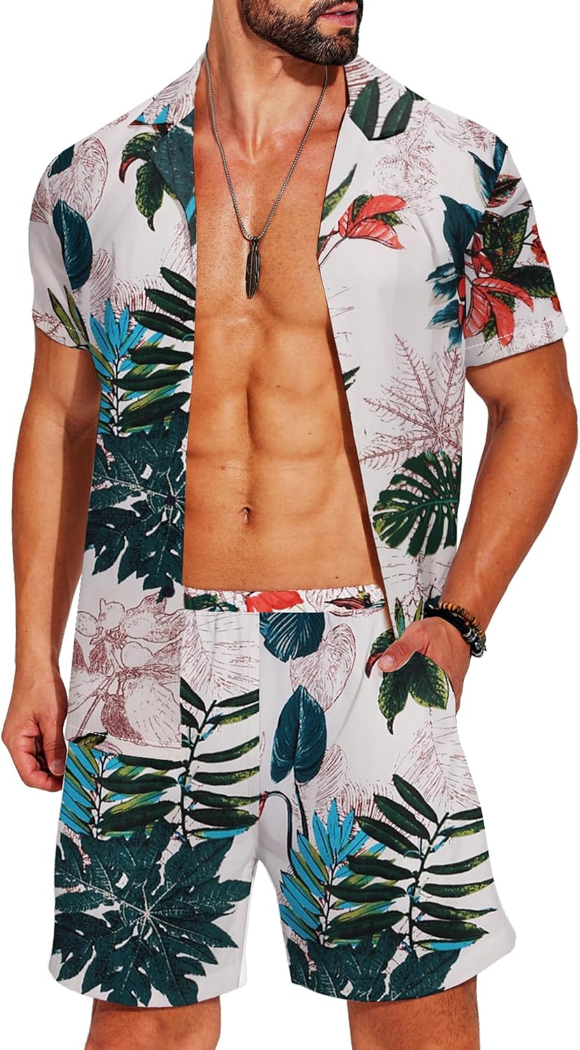 COOFANDY Men's Hawaiian Matching Shirt and Shorts Set Summer Beach 2 Piece Outfits Short Sleeve Cuban Shirts and Shorts