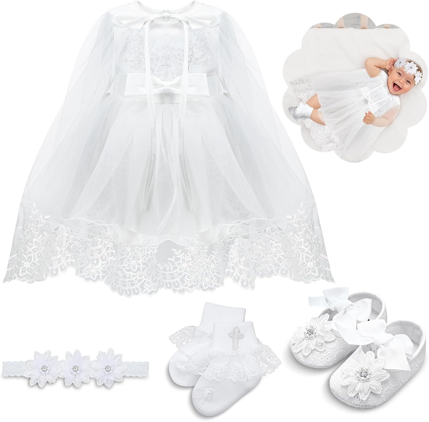 5 Pcs Baptism Outfit for Baby Boys Girls Christening Outfit Socks Shoes First Communion for Infant Toddler, 0-6month