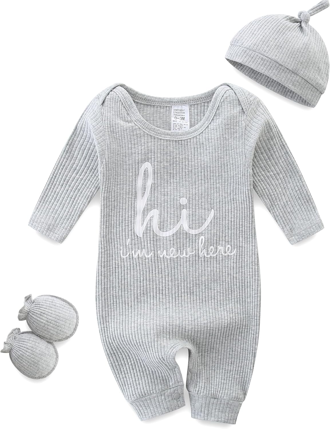 Baby Romper with Baby Mittens & Newborn Hats Footless Long Sleeve Solid Onesie Hi Im New Here