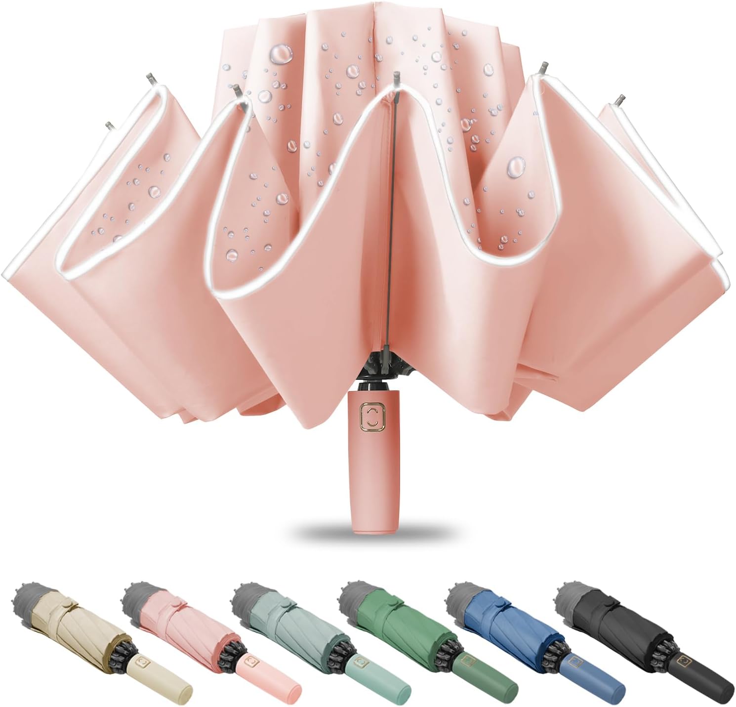 Compact Travel Umbrella, Portable Reverse Folding Car Umbrella, Large Windproof and Waterproof Inverted Umbrella, Automatic, 10 Ribs