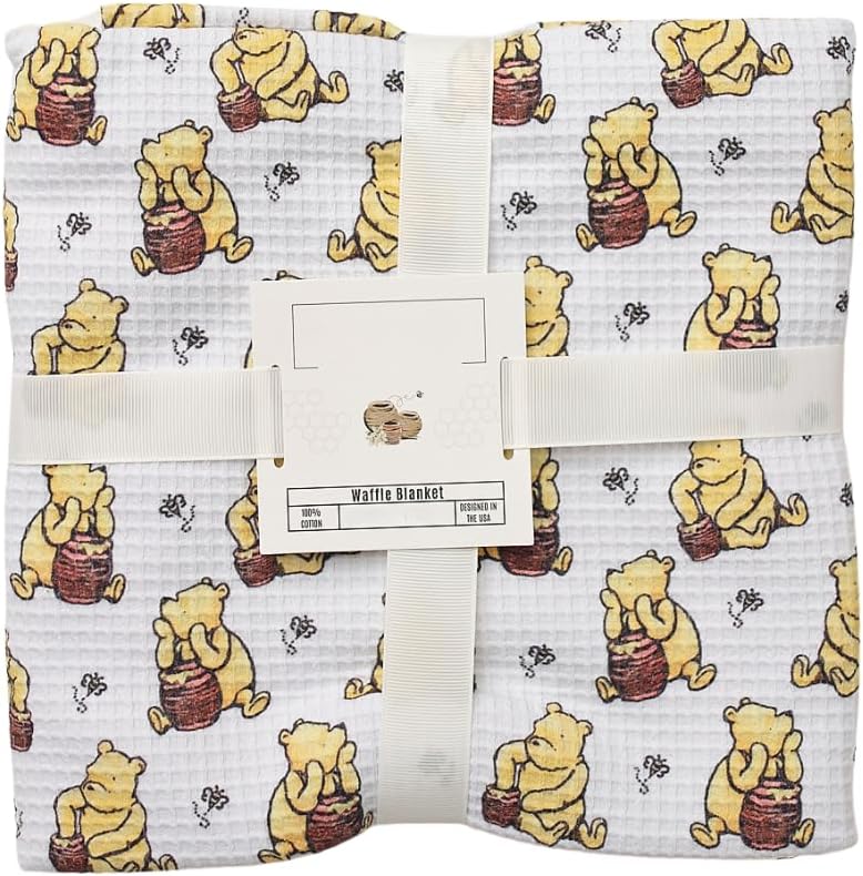 Sugar Lily's Classic Pooh Baby Blanket, 100% Cotton, Waffle Weave, Cozy, Nostalgic Design