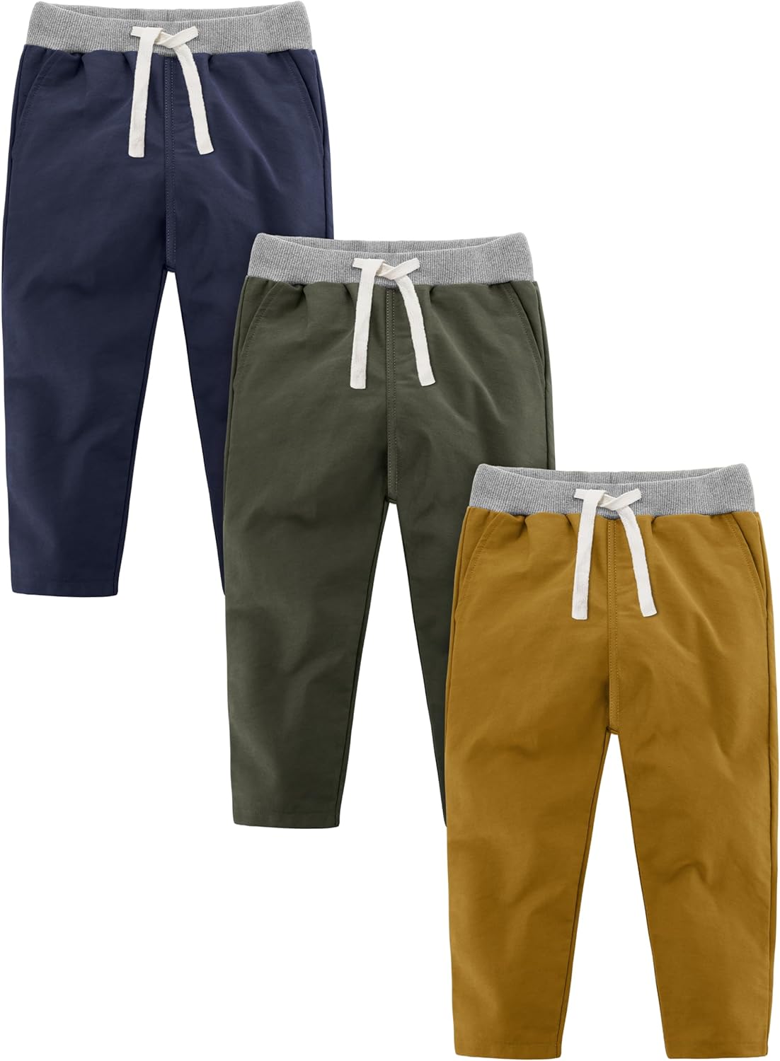 Resinta 3 Packs Boys and Toddlers' Pull-On Pant Boys Uniform Pants Boys Cotton Pull-on Pants with Drawstring