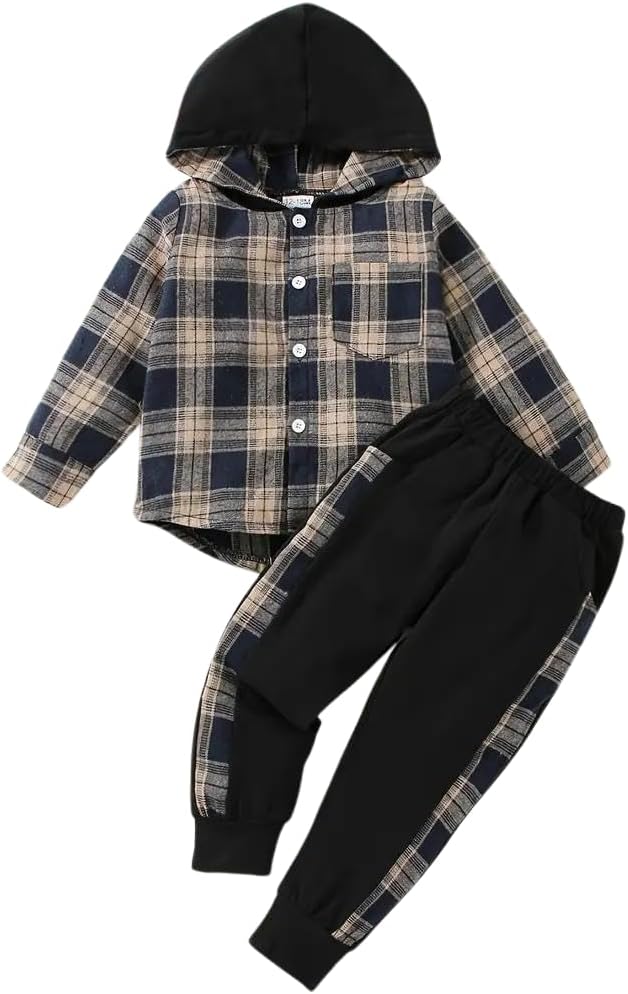 Toddler Baby Boy Clothes Plaid Long Sleeve Hoodie Sweatshirt + Pants 2pcs Boys Outfit Set