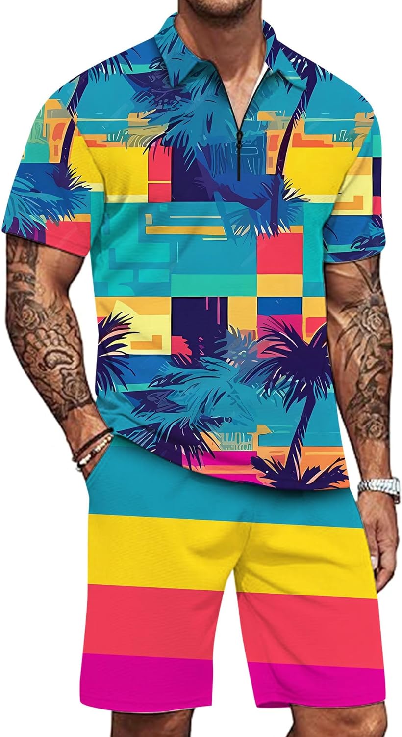 Men's Polo Shirt and Shorts Set Summer Casual Outfits Hawaiian Polo Suit for Men 2 Piece Short Set