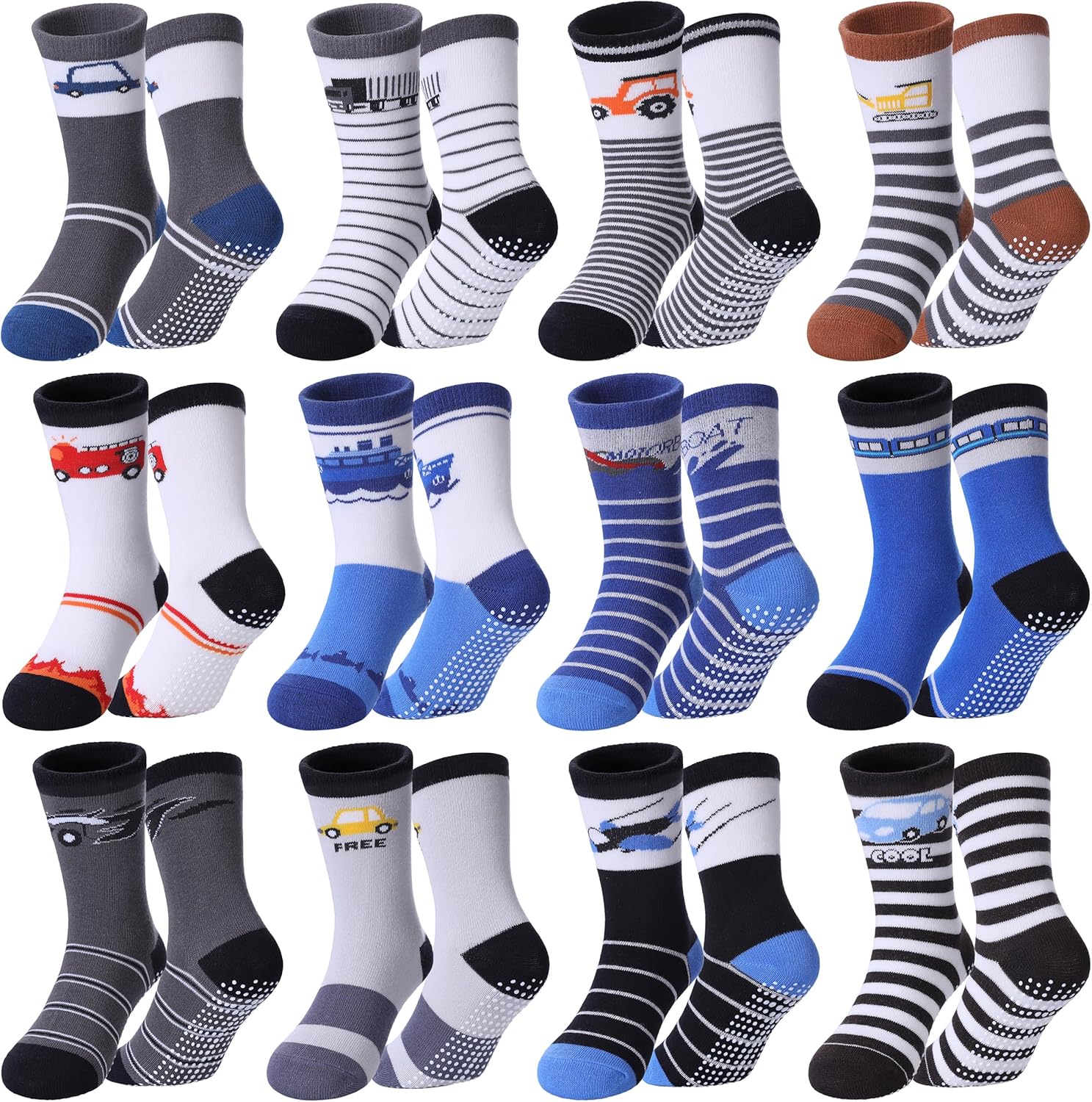 Toddlers Boys Non Slip Socks Baby Kids Grip Socks Crew Cotton Socks with Grippers 12 Pairs