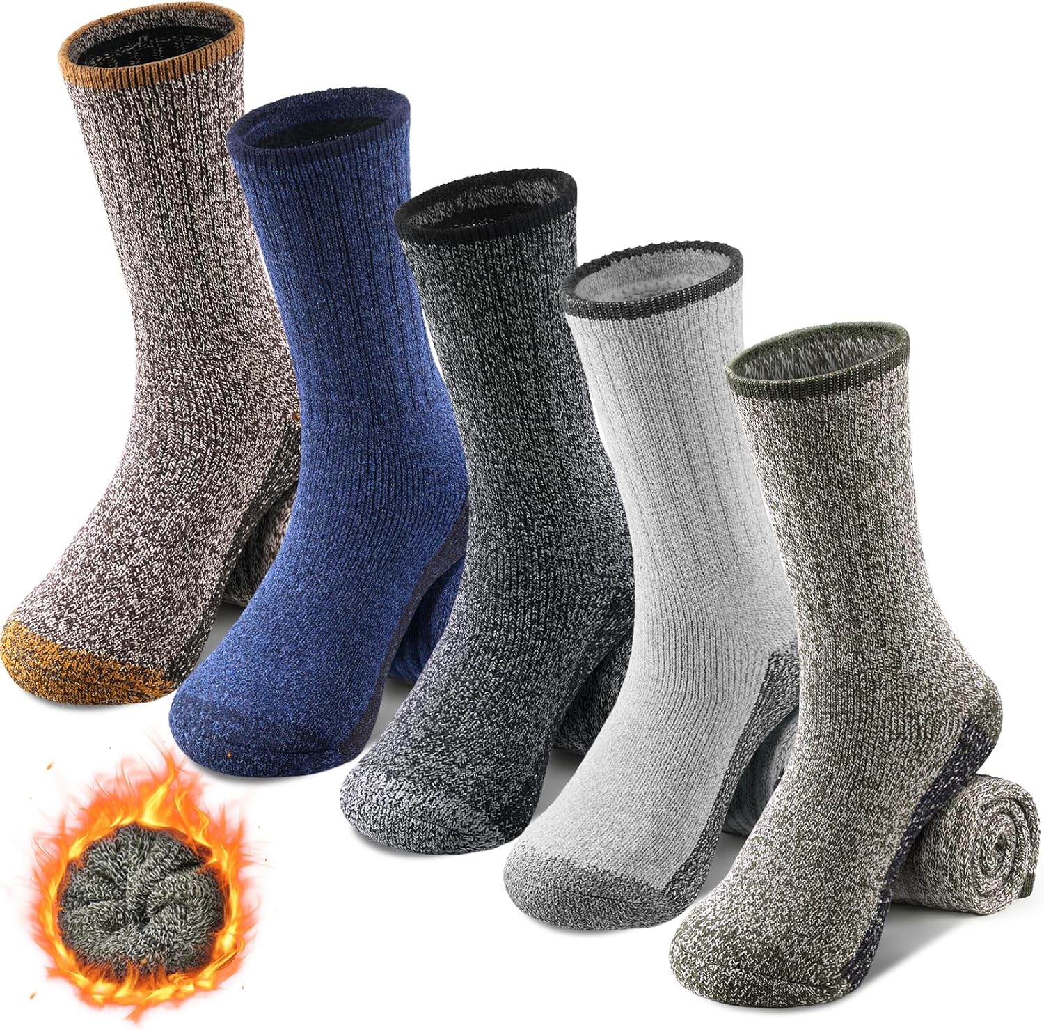 5 Pairs Wool Socks Mens Extra Thick Merino Winter Warm Thermal Socks for Men Fashion Crew Mens Socks Size 7-13