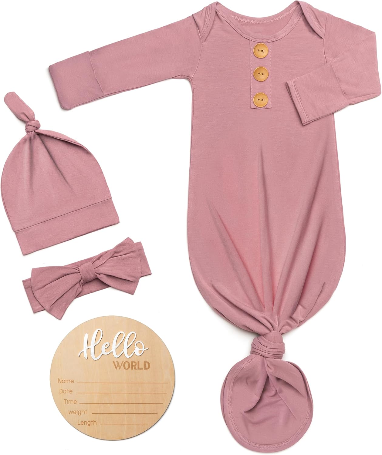 Soft Baby Knot Gown 0-3 Months, Newborn Announcement Sleepers With Mitten Cuffs and Personalized Wooden Name Tag