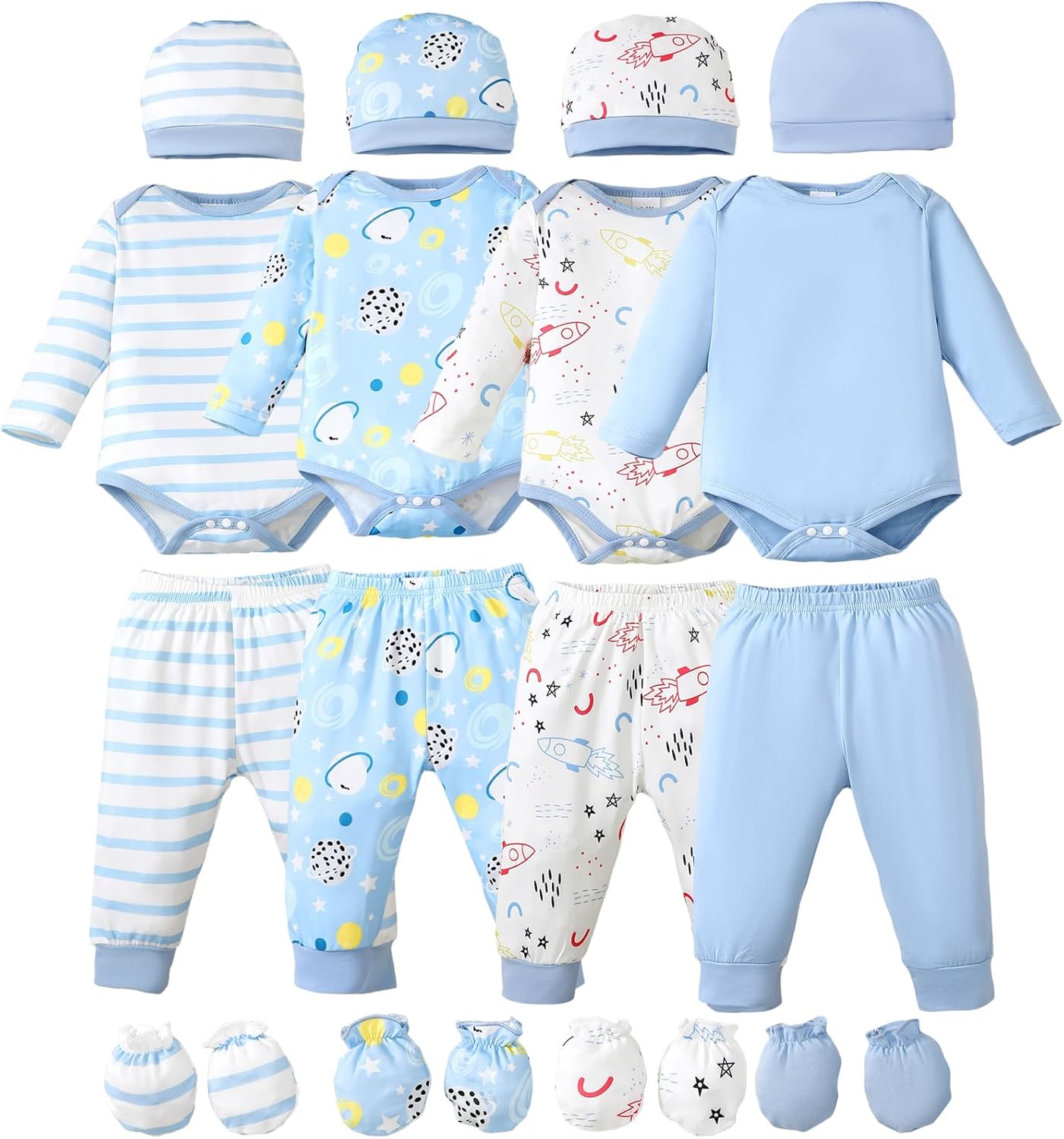 NZRVAWS Newborn Baby Boy Clothes Infant Romper Pants Hat 4-Pack Outfits Set Layette Essentials 0 3 6 12 Months 16 Pieces