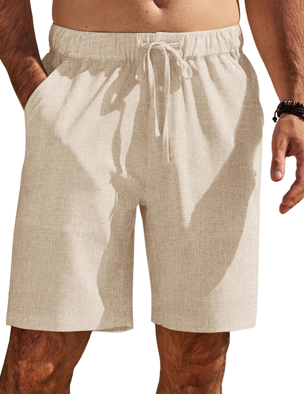 COOFANDY Mens Casual Shorts Elastic Waist Drawstring Shorts Summer Beach Linen Shorts