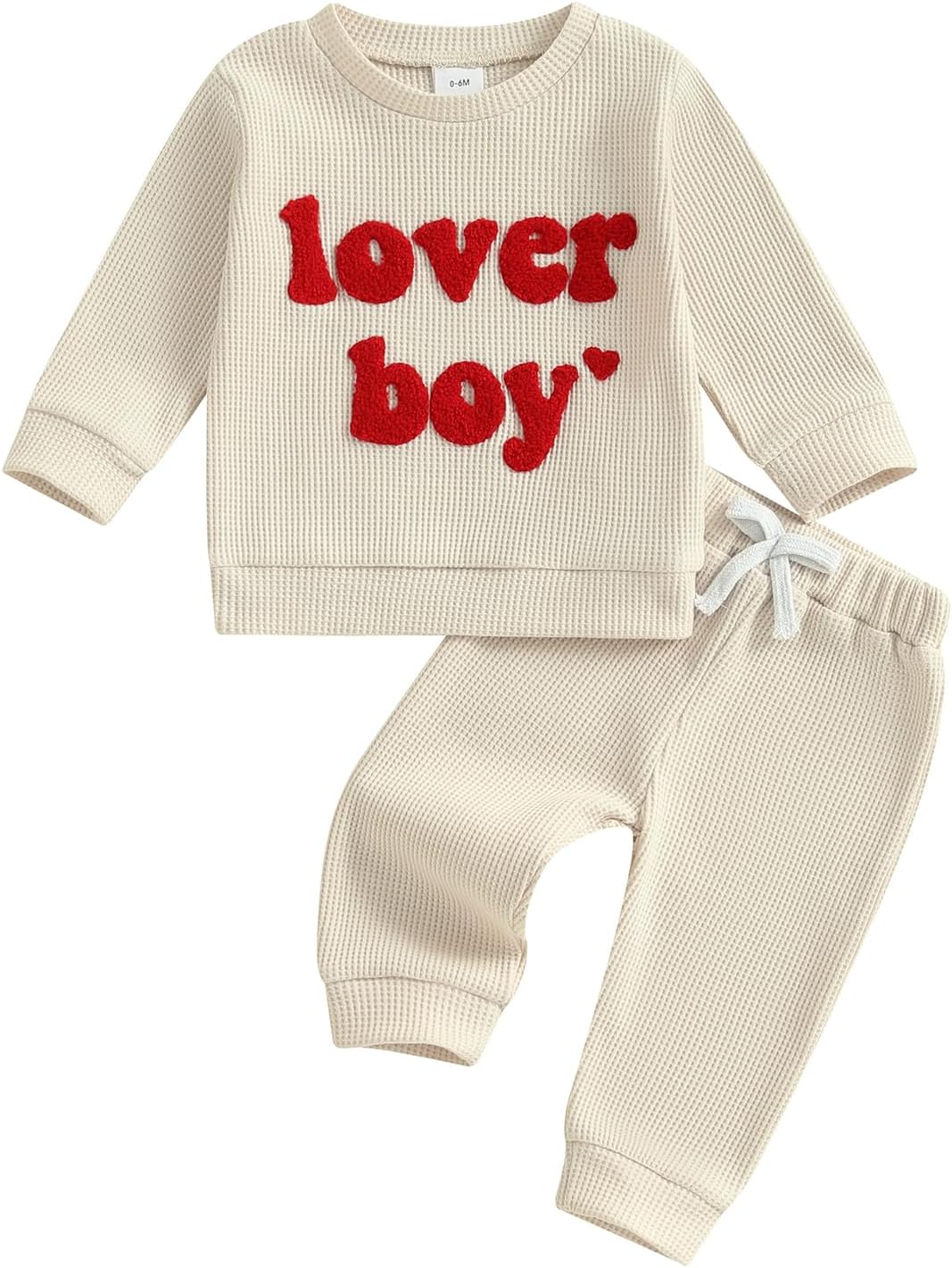 Lesimsam Toddler Baby Boy Valentine's Day Outfit Letter Embroidery Long Sleeve Waffle Knit Sweatshirt and Pants Set