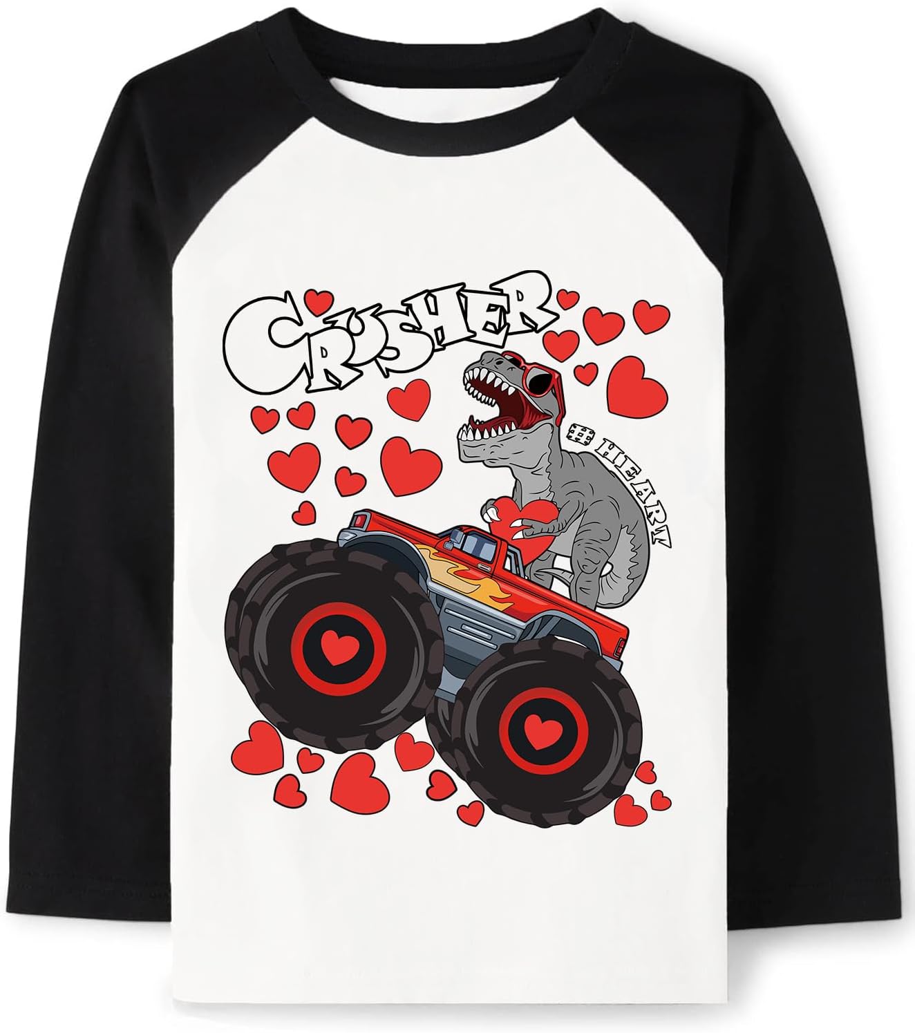 Tkria Boys Girls Valentine Day Shirts Raglan Long Sleeve Monster Truck Dinosaur Candy Love Heart Tops for Kids 2-10T